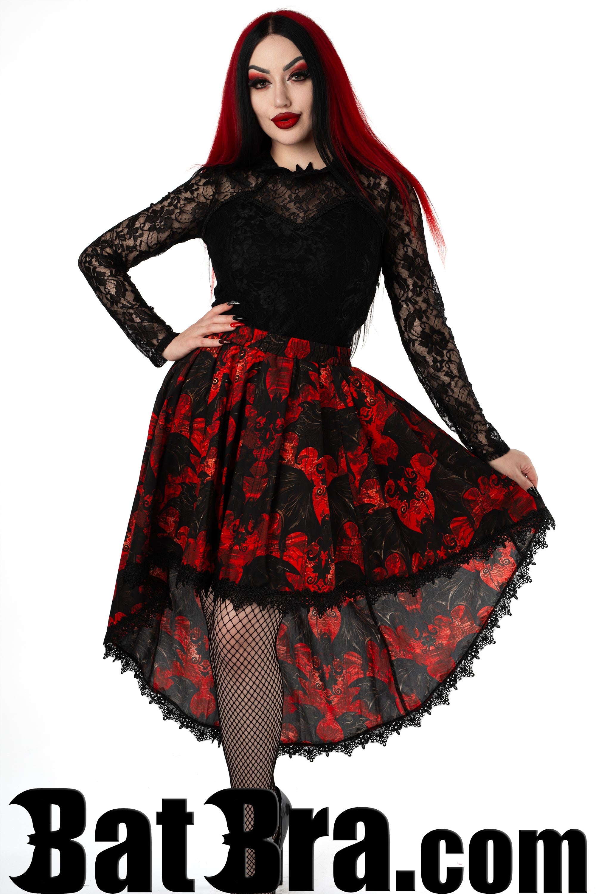 Women's asymmetrical red and black skirt with bat print black lace trim and elasticated waistband