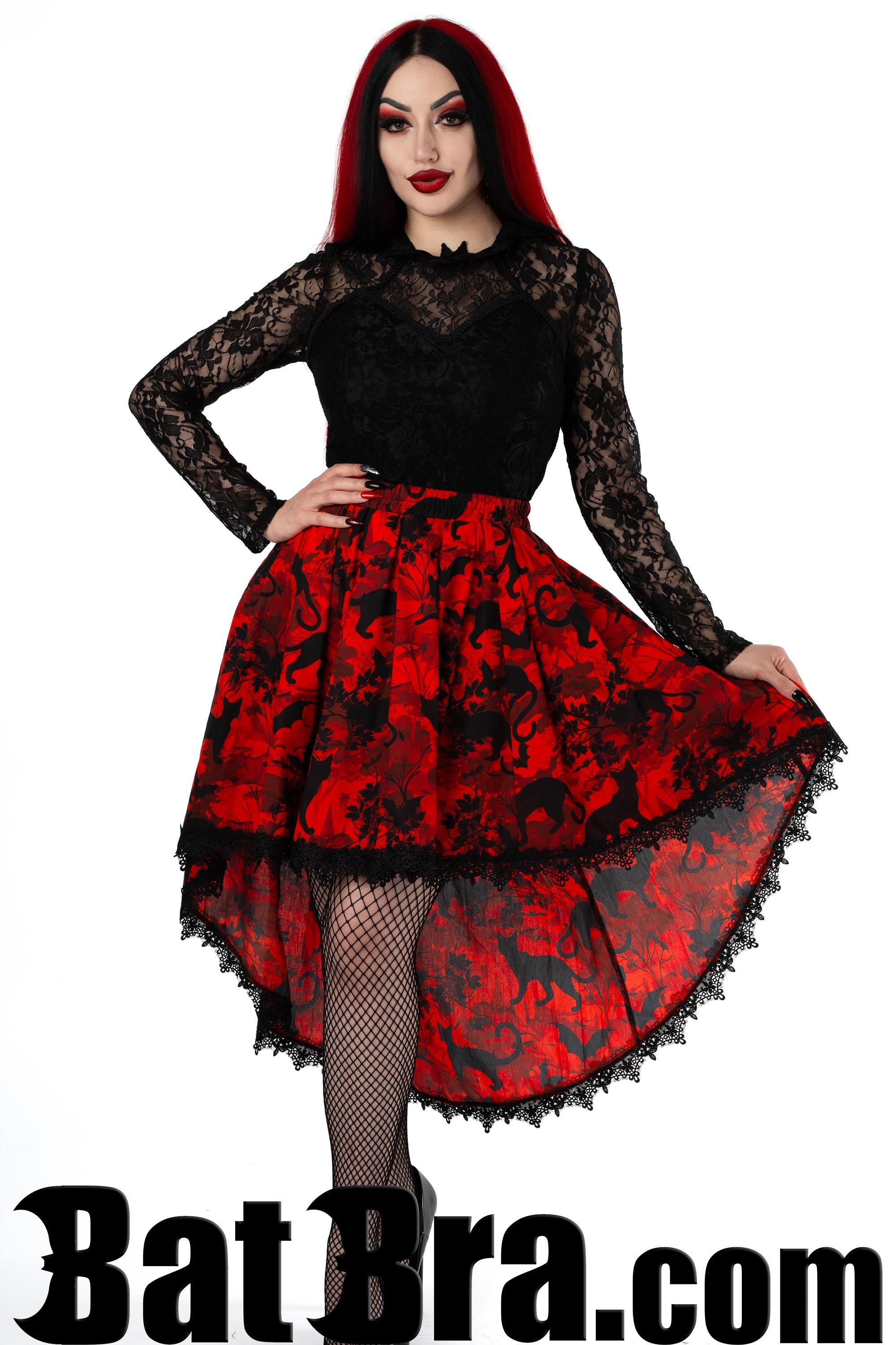 Women's asymmetrical high low skirt with lace trim and bats and cats print on red background