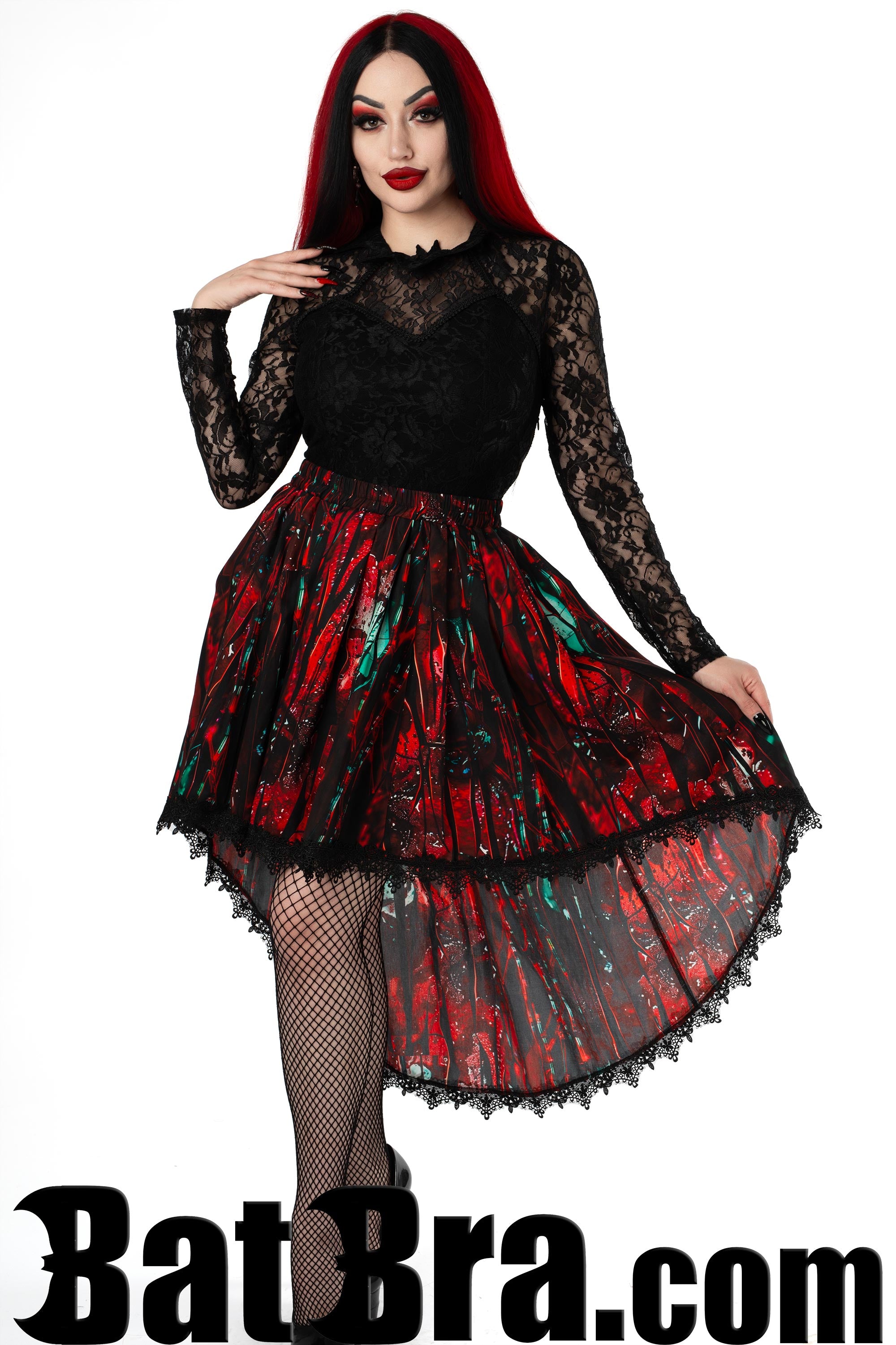 Asymmetrical women's skirt featuring blood print and high low style with black lace trim
