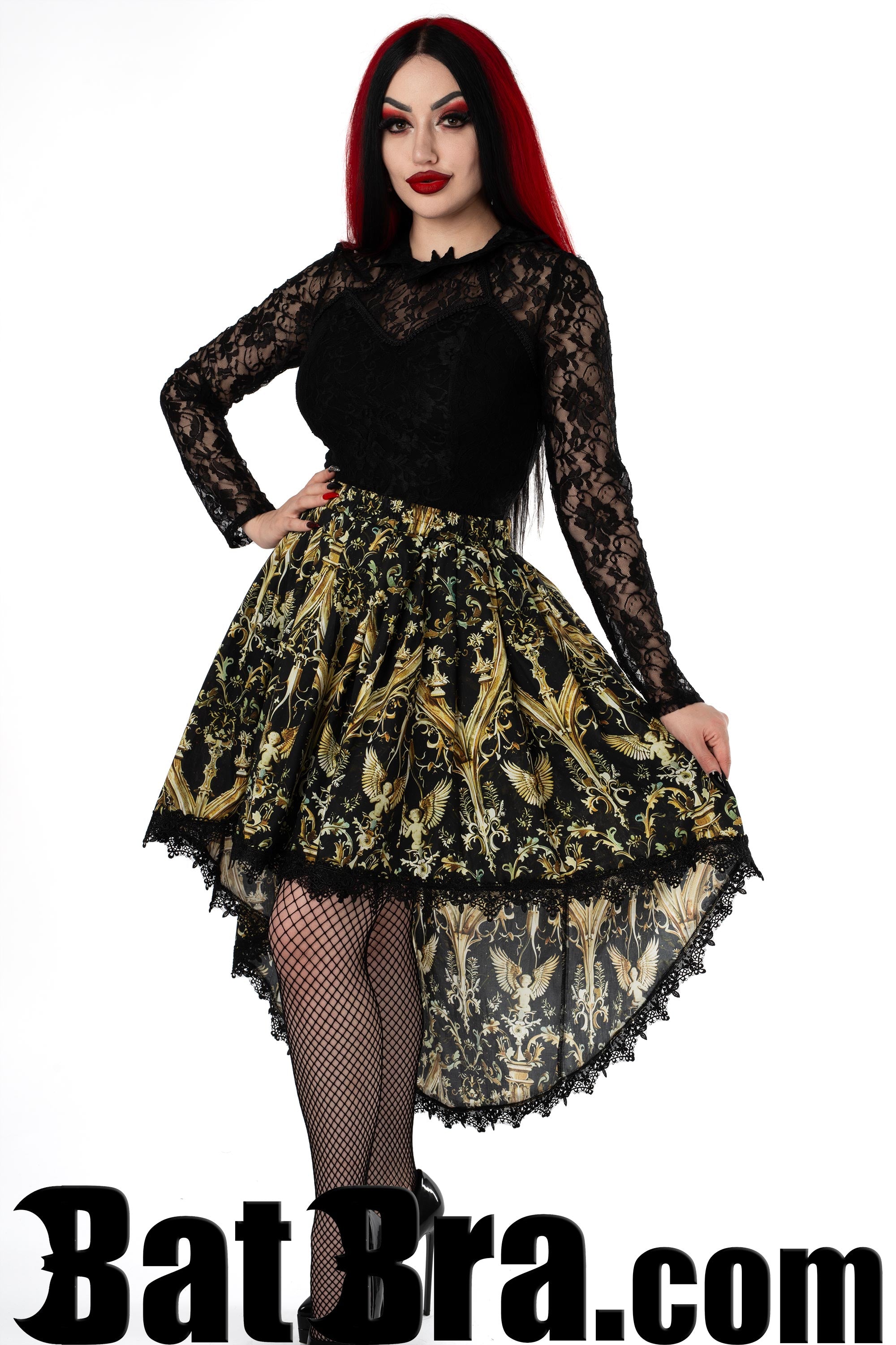 Women's black asymmetrical skirt with golden scrollwork and cherub print with black lace trim hem