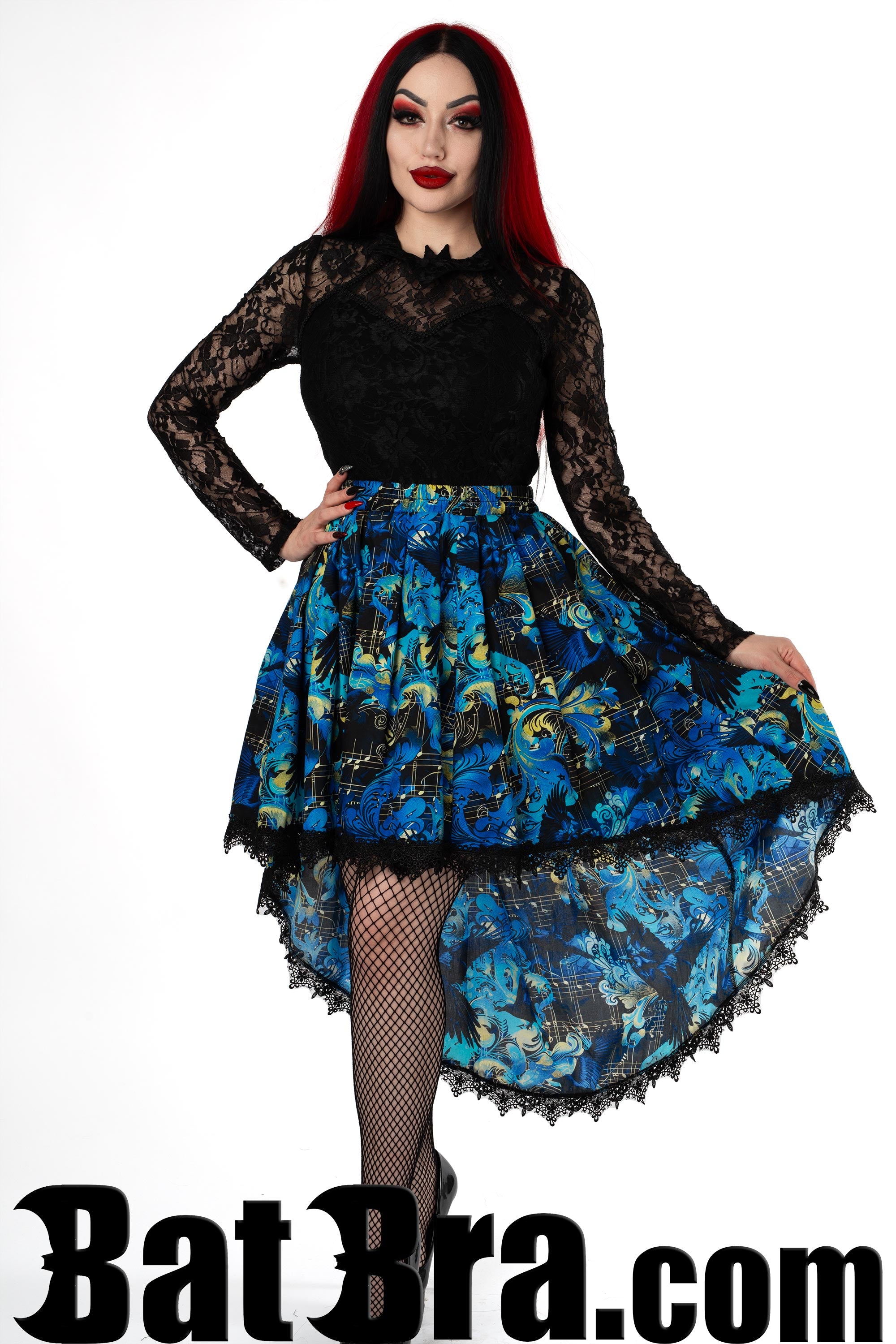 Women's blue multicolour asymmetrical skirt with raven and music inspired print