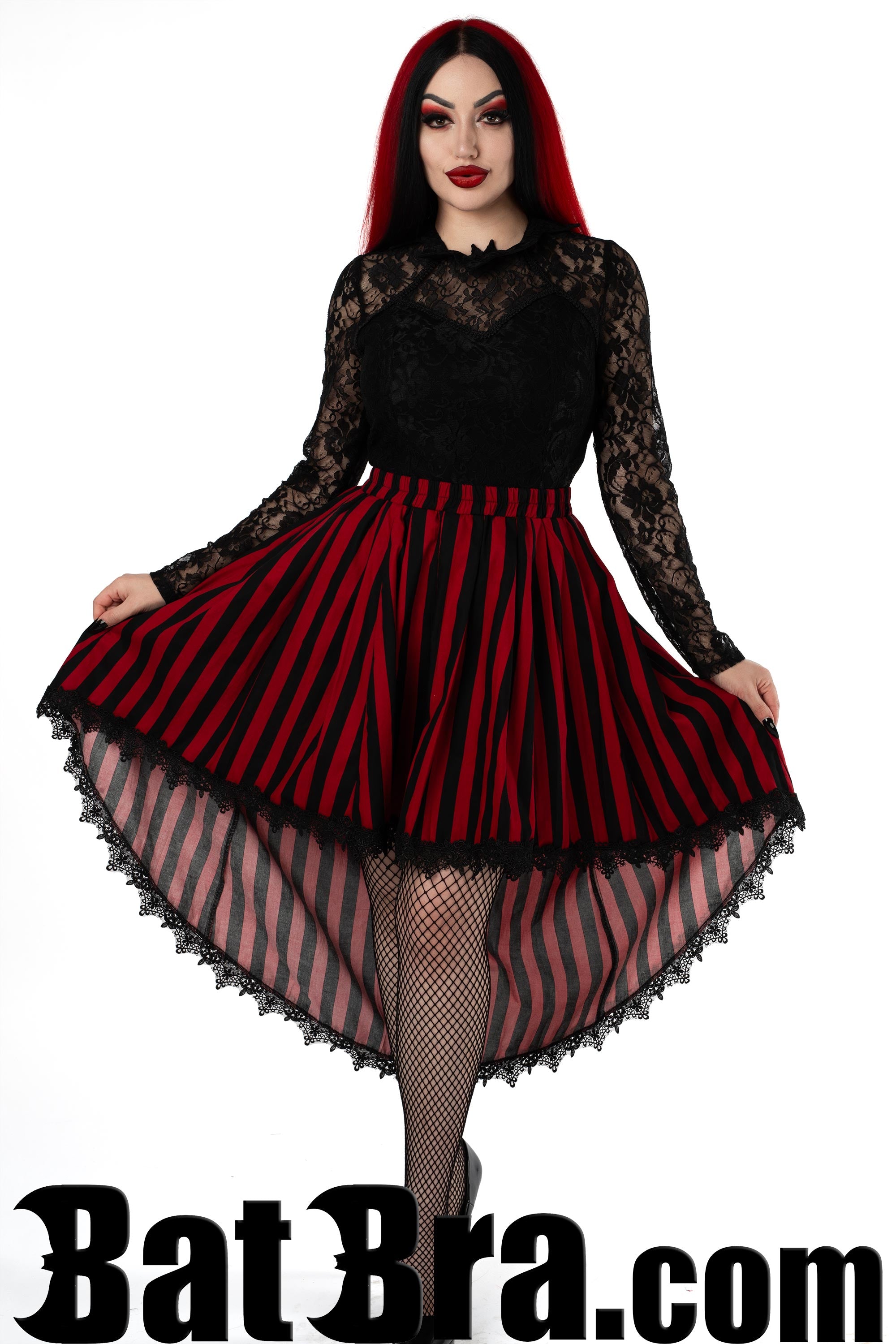 Red and black vertical striped asymmetrical high low skirt for women with lace trim hem