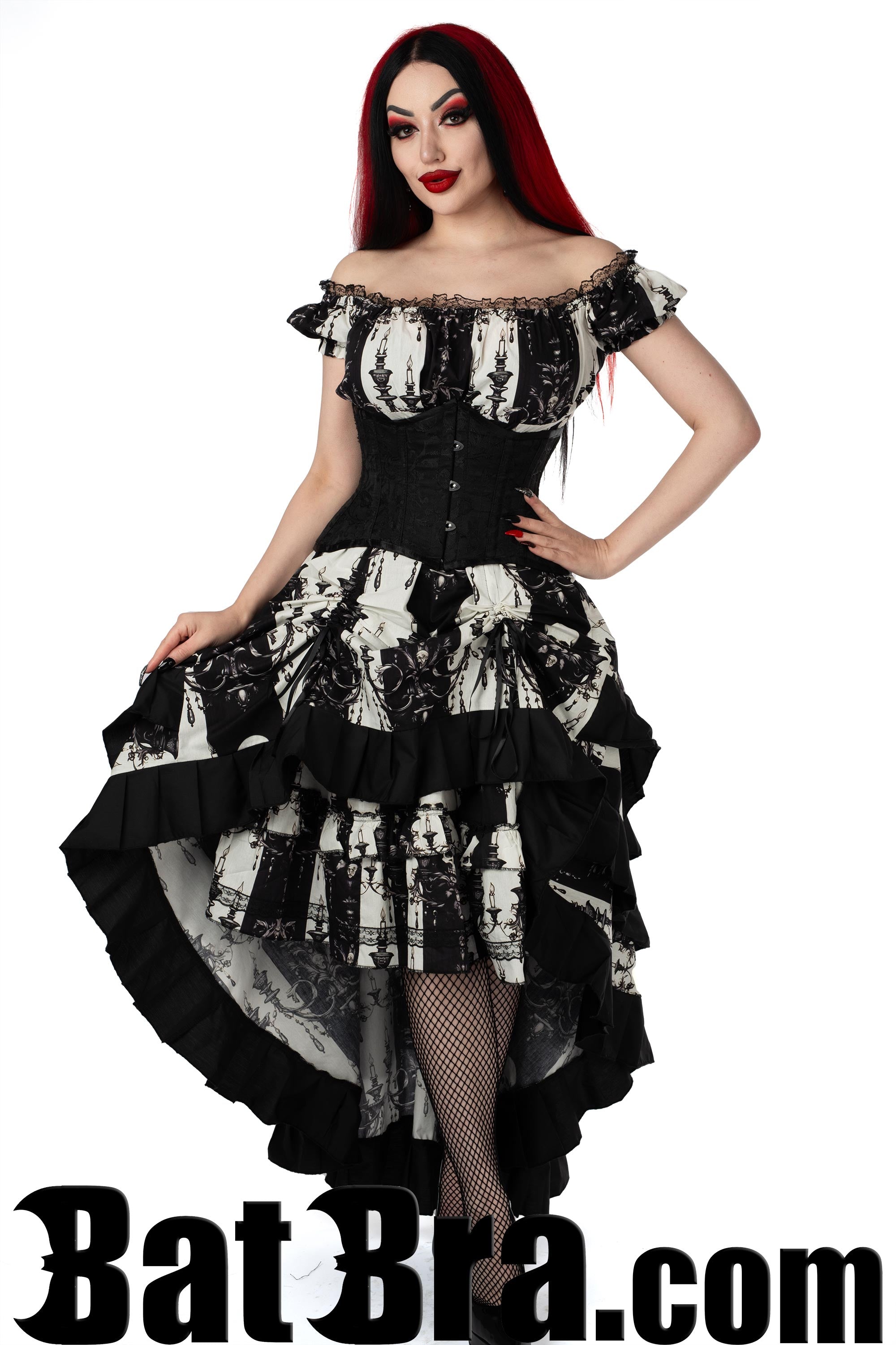 Layered Cotton Skirt With Striped Skull Motif