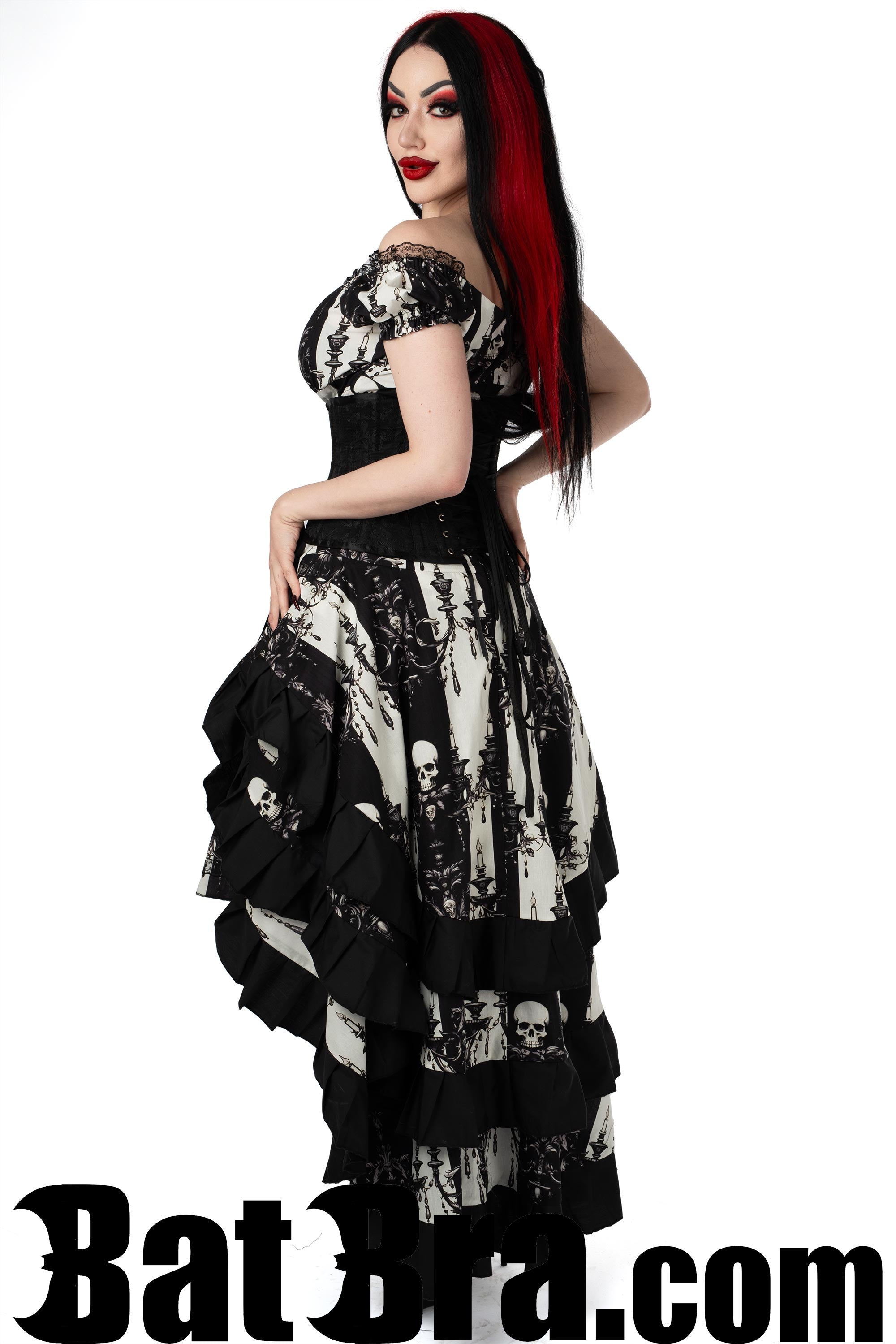 Layered Cotton Skirt With Striped Skull Motif