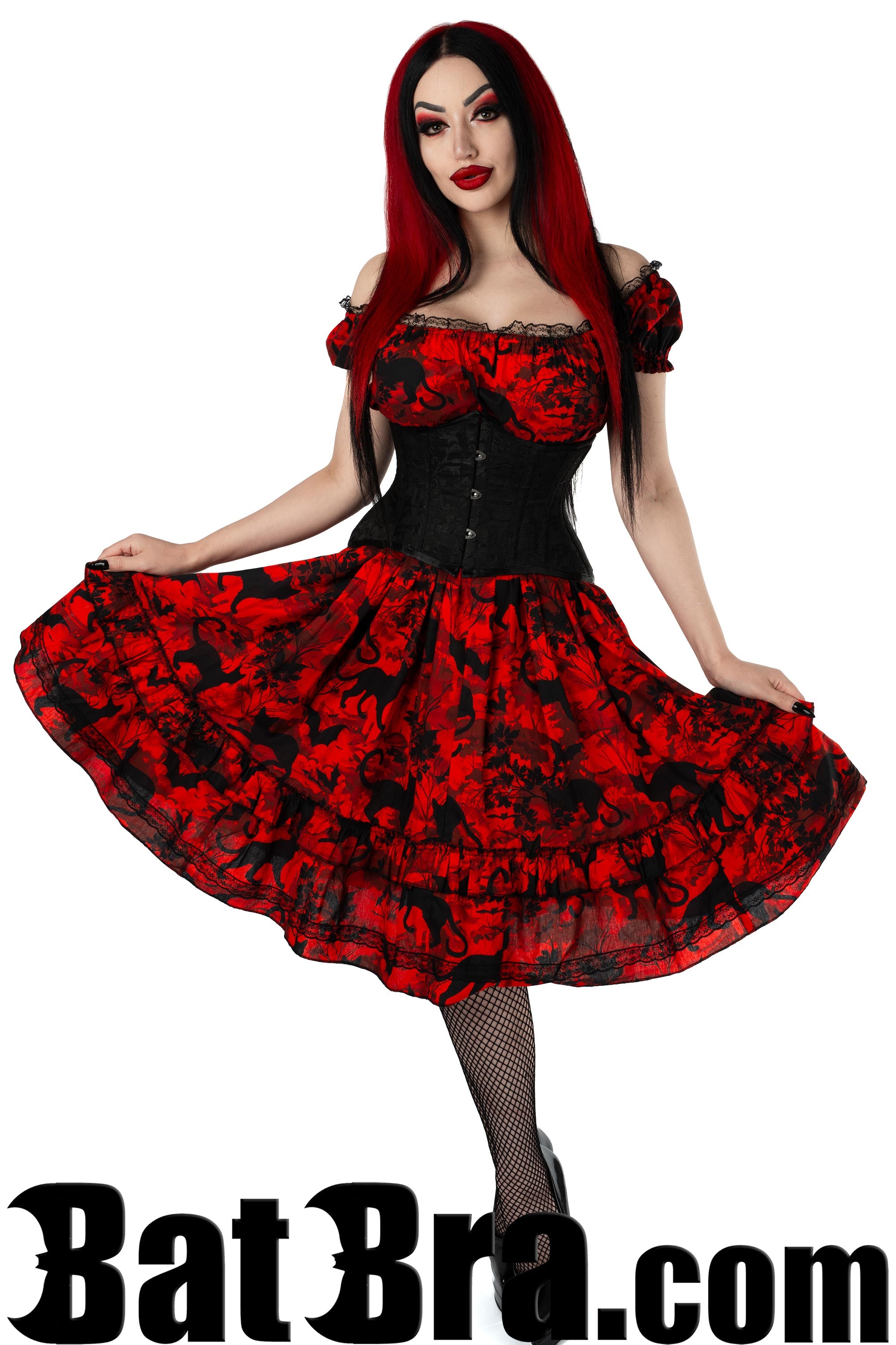 Swing Dress With Bat and Cat Motif