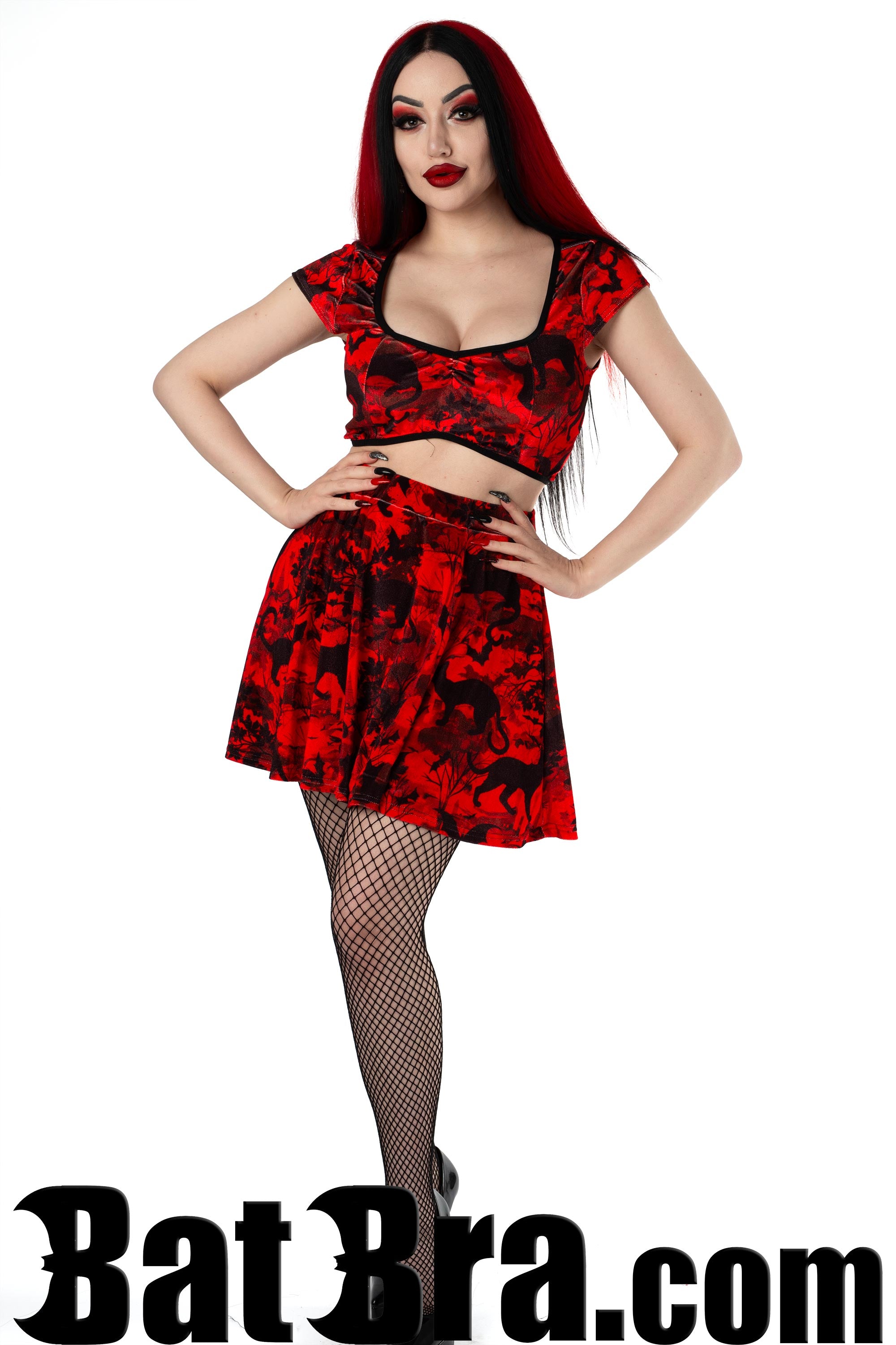 Velvet Crop Top With Bat and Cat Motif