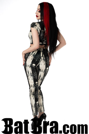 Velvet Leggings With Striped Skull Motif