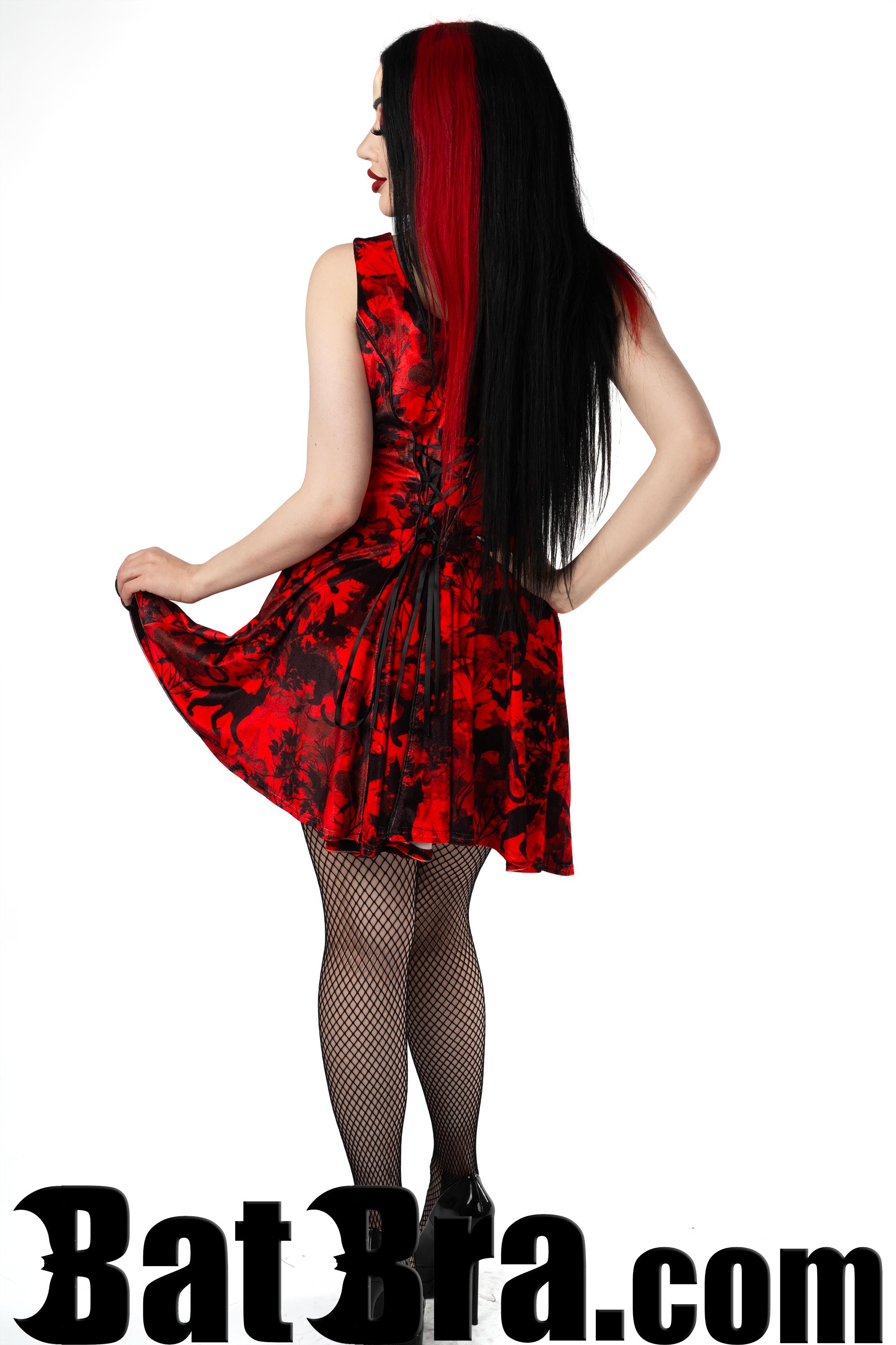 Velvet Pocket Mini Dress With Bat and Cat Motif
