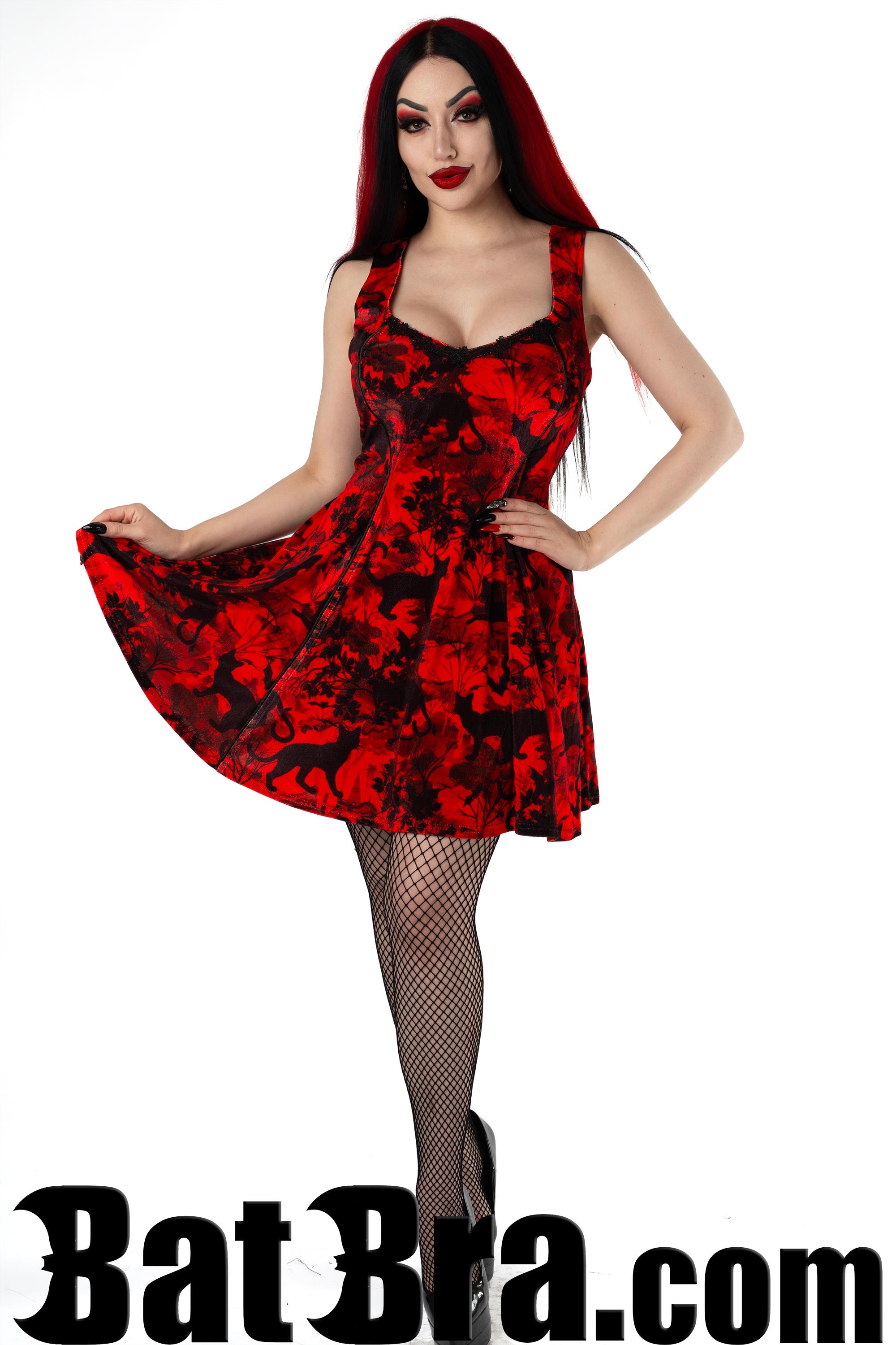 Velvet Pocket Mini Dress With Bat and Cat Motif