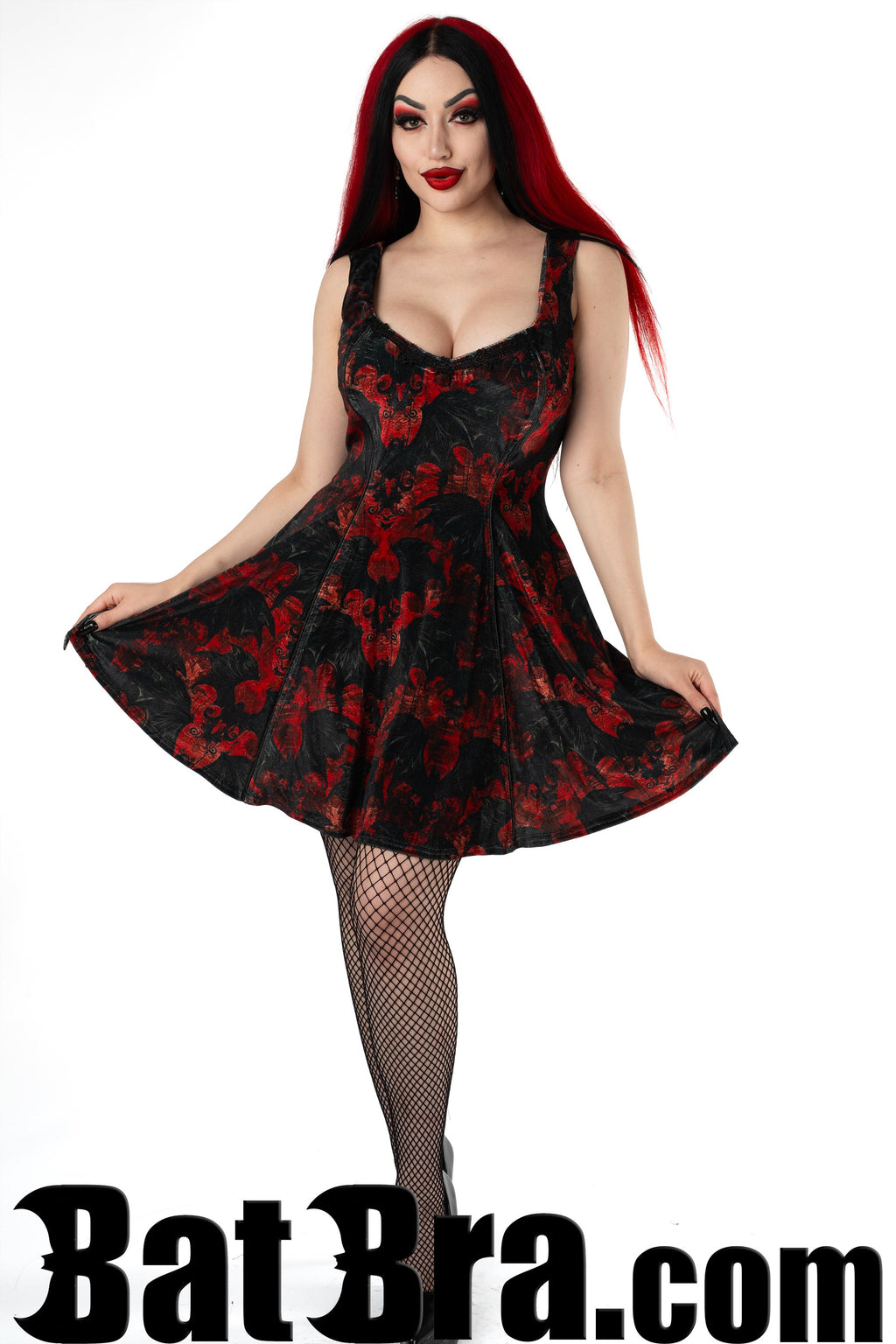 Velvet Pocket Mini Dress With Bat Motif