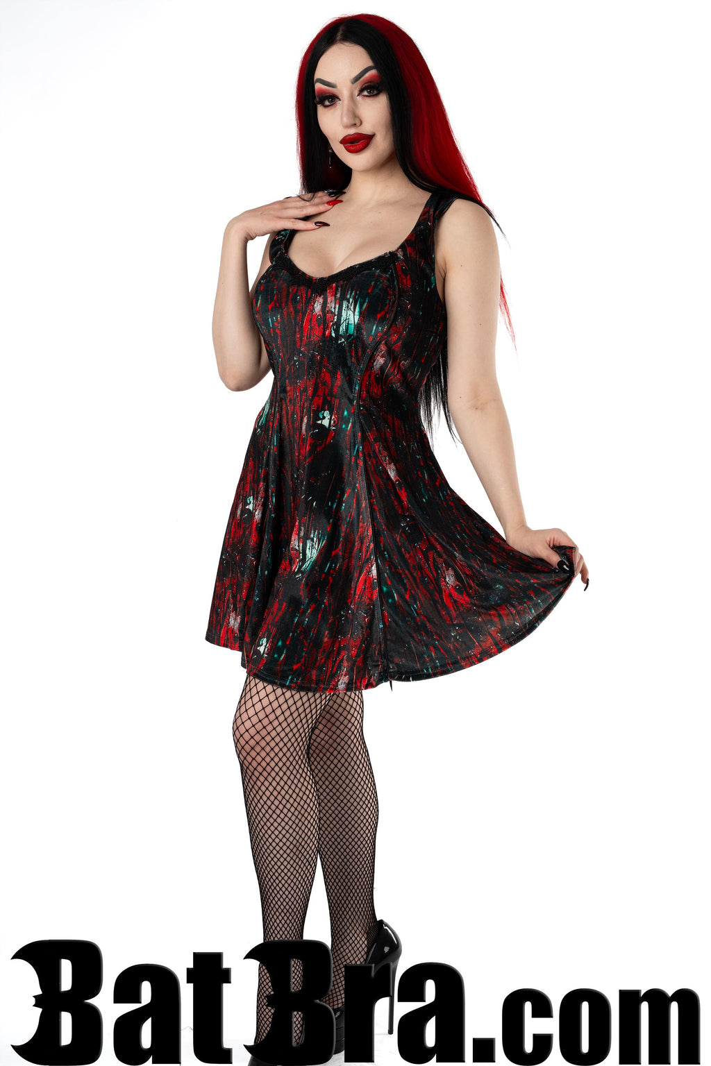 Velvet Pocket Mini Dress With Blood Motif