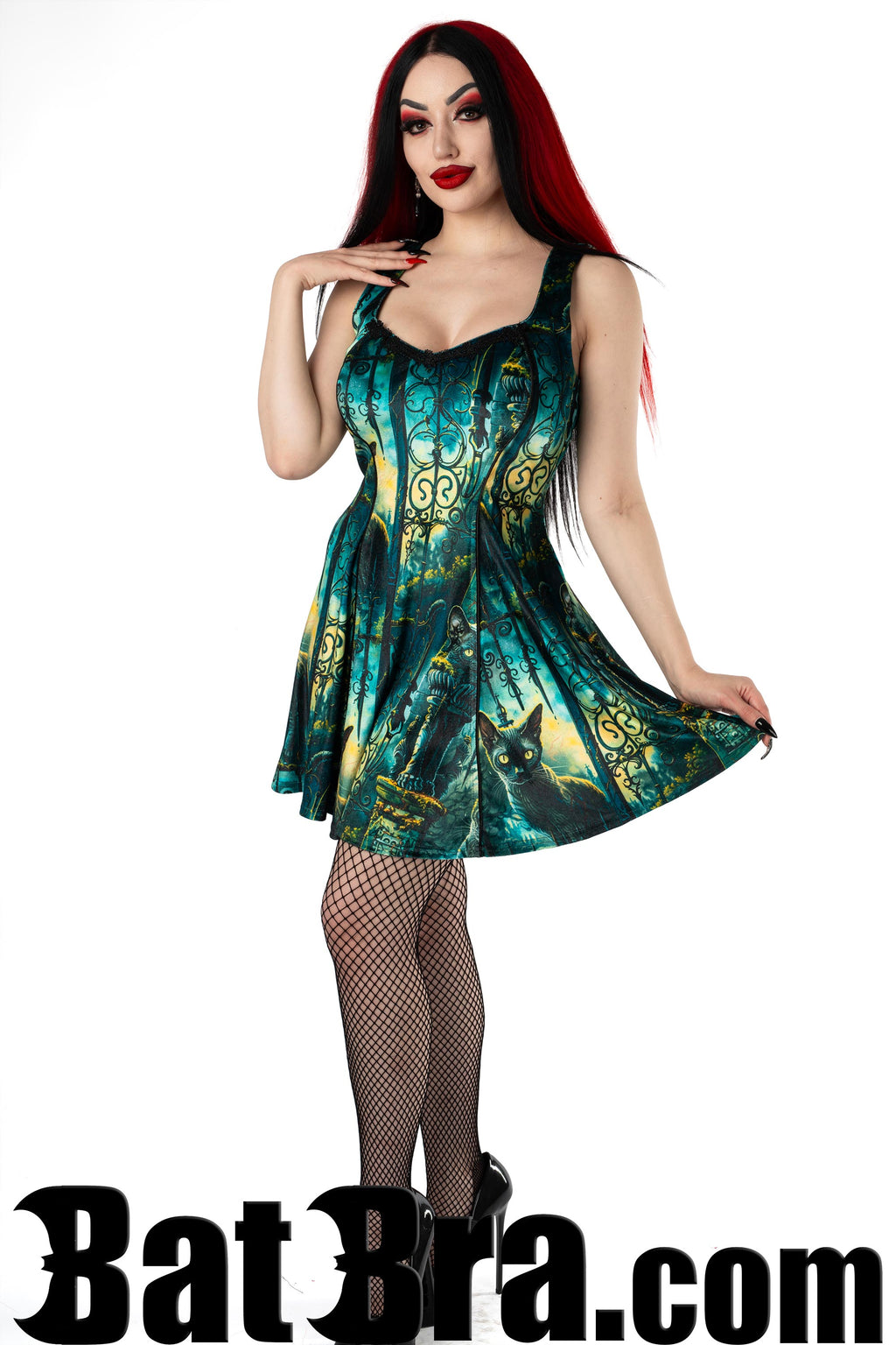 Velvet Pocket Mini Dress With Cat Motif