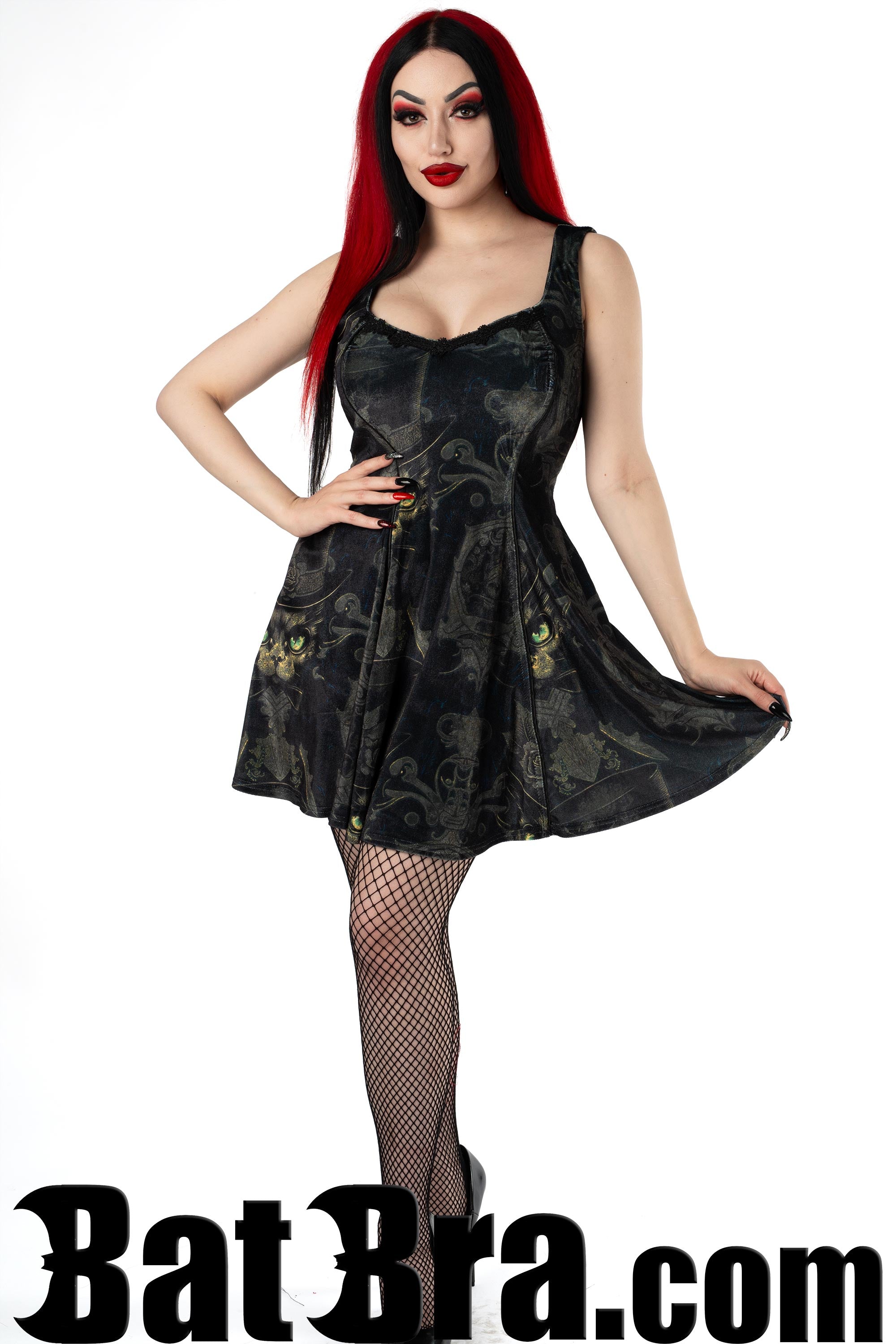 Velvet Pocket Mini Dress With Sphinx Motif