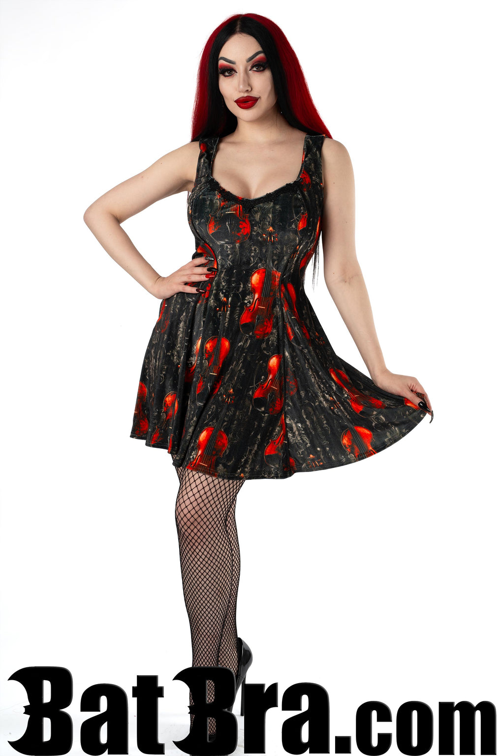 Velvet Pocket Mini Dress With Violin Motif